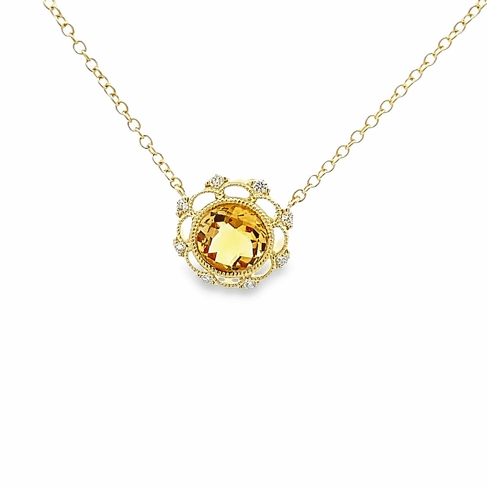 14k Yellow Gold Round Citrine and Diamond Bezel Halo Pendant & Chain (1.14ct.)