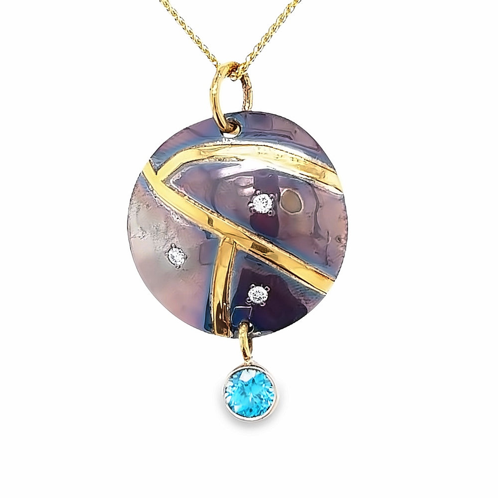 Oxidized Sterling Silver and 18k Yellow Gold Blue Zircon and Diamond Pathways Pendant by Paul Richter (1.32ct.)