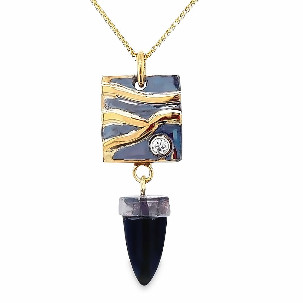 Oxidized Sterling Silver and 18k Yellow Onyx and Diamond Pathways Pendant by Paul Richter
