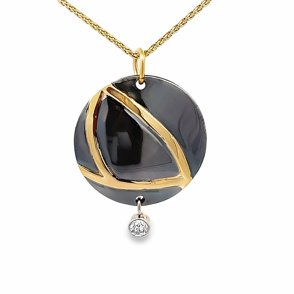 Oxidized Sterling Silver and 18k Yellow Gold Diamond Pathways Pendant by Paul Richter (0.14ct)