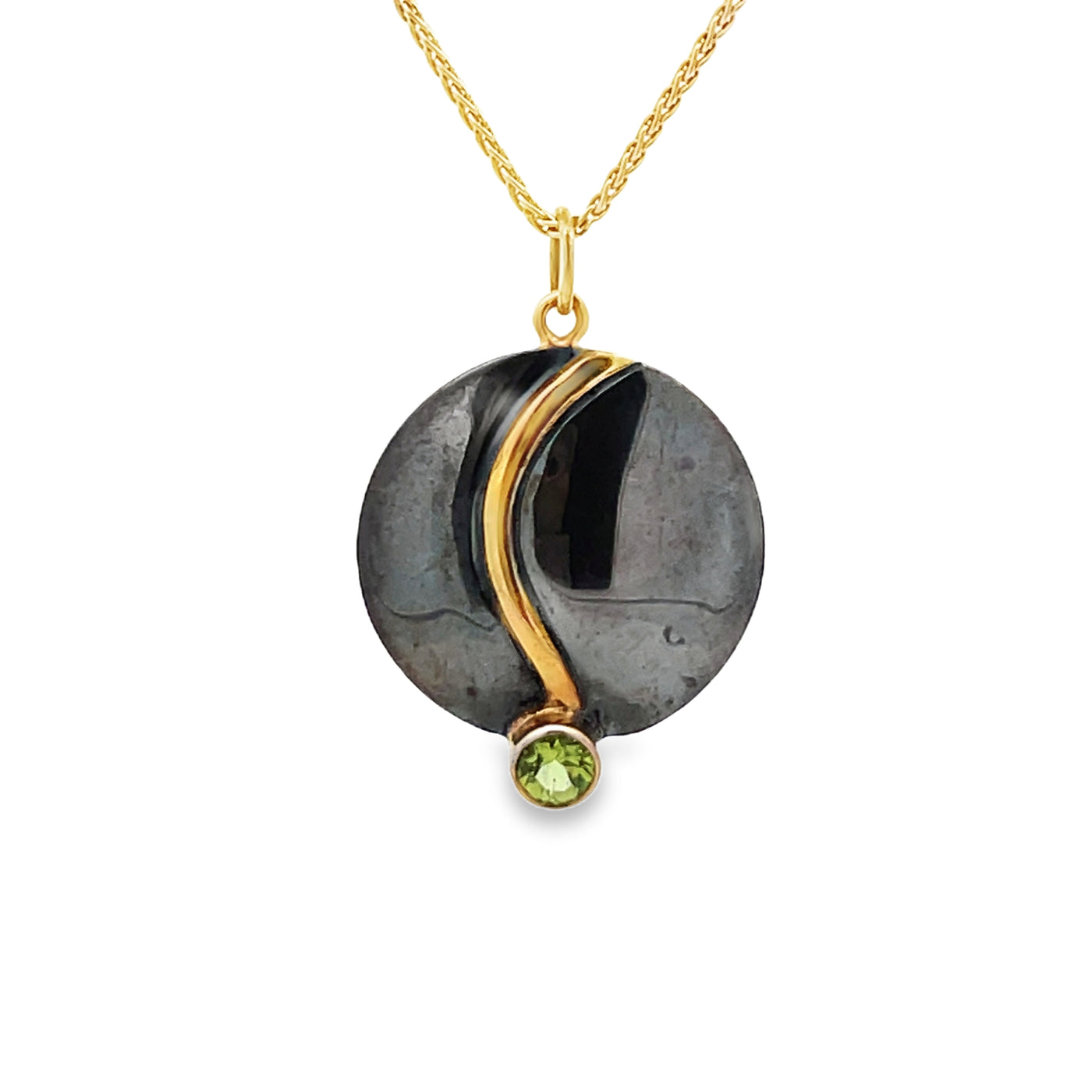 Oxidized Sterling Silver and 18k Yellow Gold Peridot Pathways Pendant by Paul Richter (5mm)