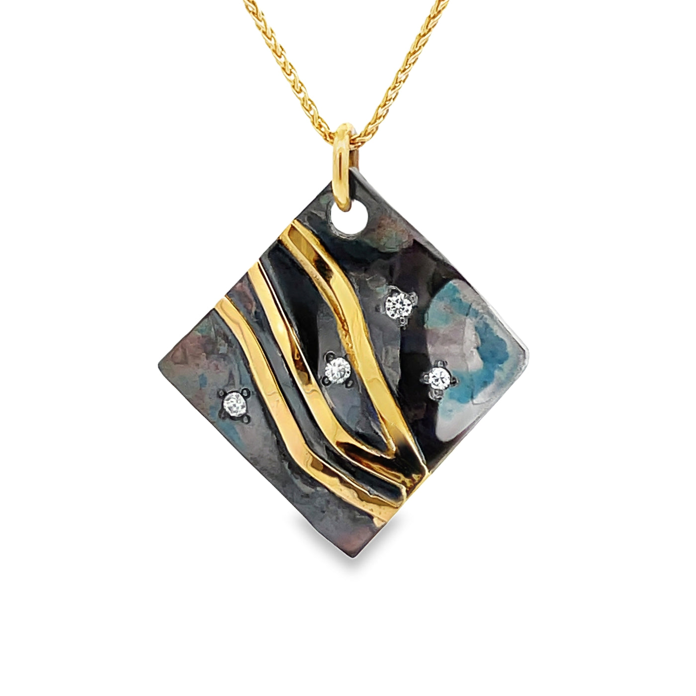 Oxidized Sterling Silver and 18k Yellow Gold Round Diamond Pathways Pendant by Paul Richter (0.06ctw.)