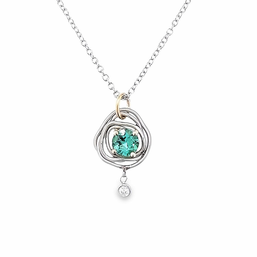 14k Two Tone Round Green Tourmaline and Diamond Vines Pendant by Paul Richter (0.76ct.)