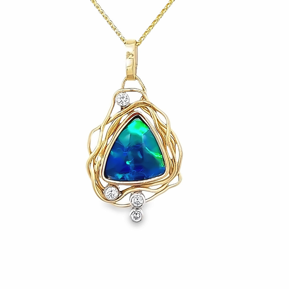 18K Yellow Gold Triangular Opal and Diamond Vines Pendant by Paul Richter (3.50ct.)
