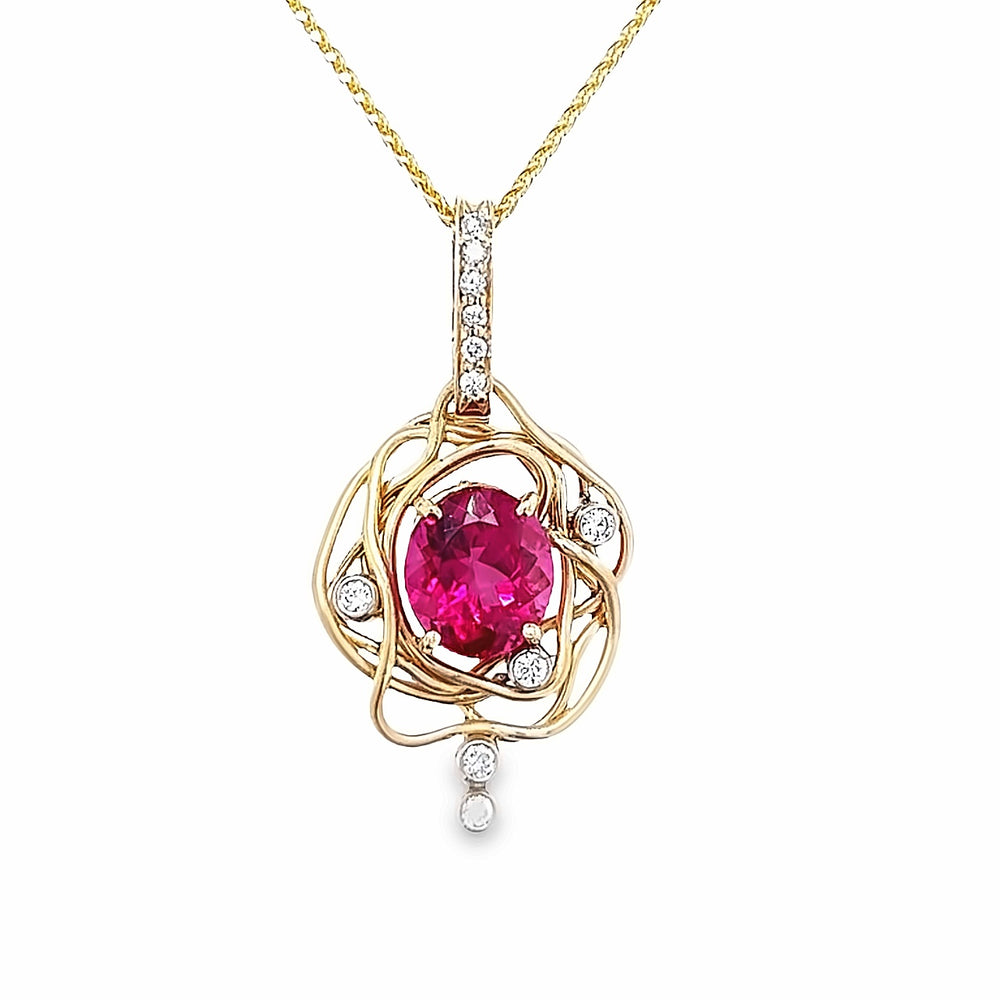 14k Yellow Gold Oval Pink Tourmaline and Diamond Vines Pendant by Paul Richter (2.78ct.)
