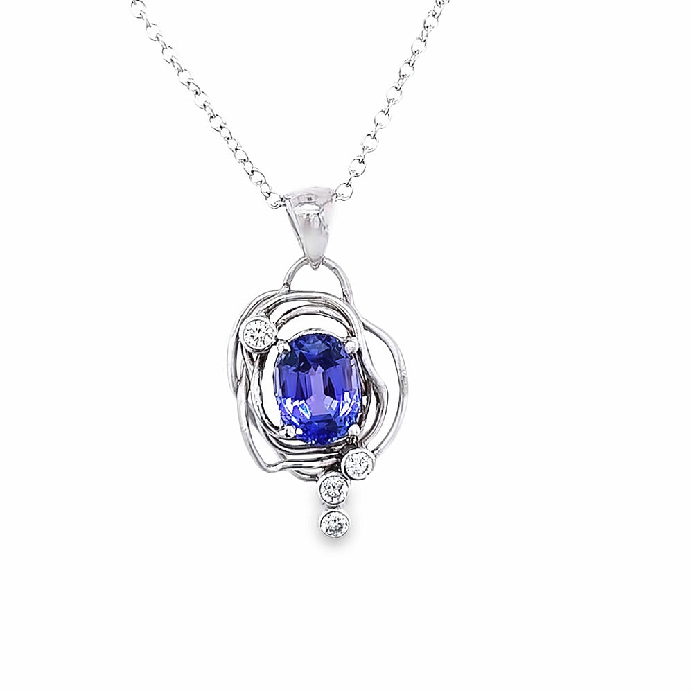 14k White Gold Oval Tanzanite and Diamond Vines Pendant by Paul Richter (2.52ct.)