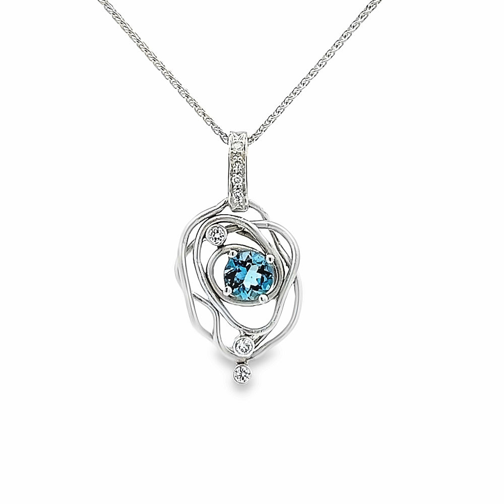 14k White Gold Round Aquamarine and Diamond Vines Pendant by Paul Richter (0.46ct.)