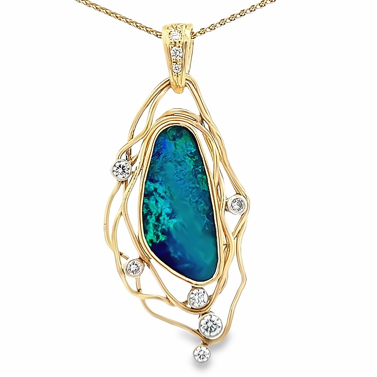 14k Yellow Gold Opal and Diamond Vines Pendant by Paul Richter (6.20ct.)