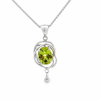 14k White Gold Oval Peridot and Diamond Vines Pendant by Paul Richter (0.90ct.)