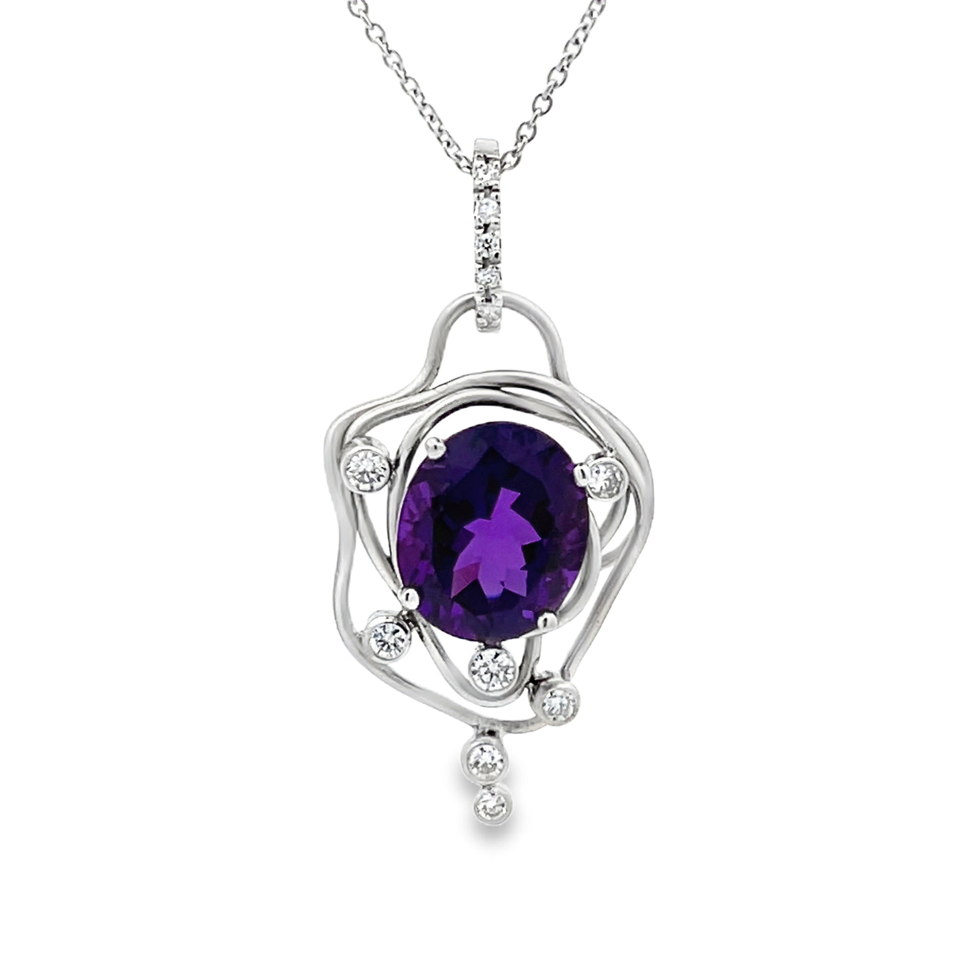 14k White Gold Oval Amethyst and Round Diamond Vines Pendant by Paul Richter (4.67ct.)