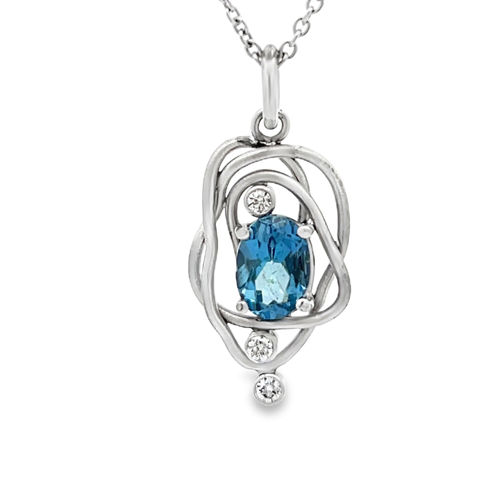 14k White Gold Oval Aquamarine and Round Diamond Vines Pendant by Paul Richter (0.63ct.)