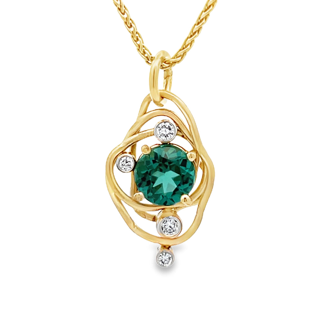 14k Yellow Gold Round Green Tourmaline and Diamond Vines Pendant by Paul Richter (1.02ct.)