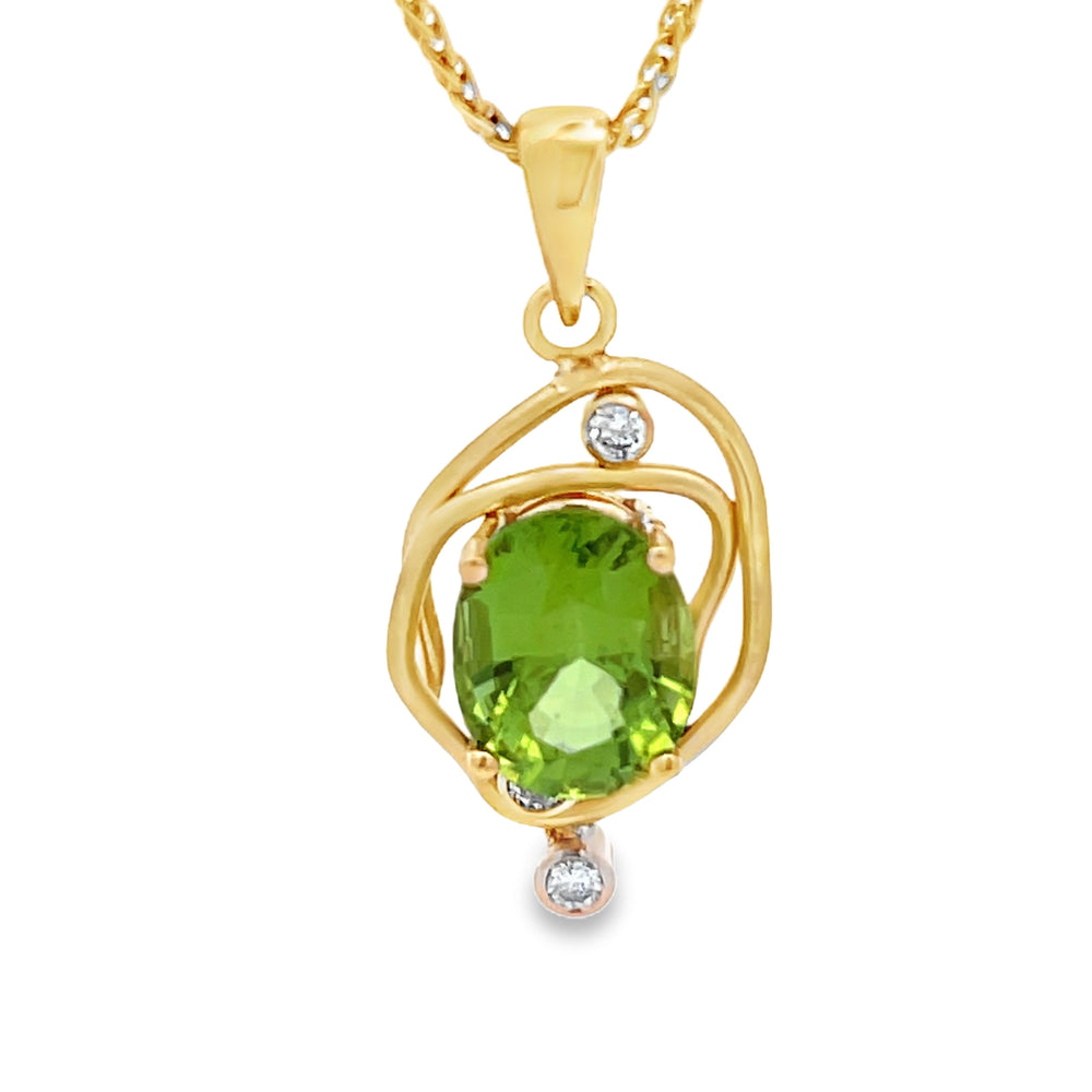 14k Yellow Gold Oval Peridot and Round Diamond Vines Pendant by Paul Richter (2.21ct.)