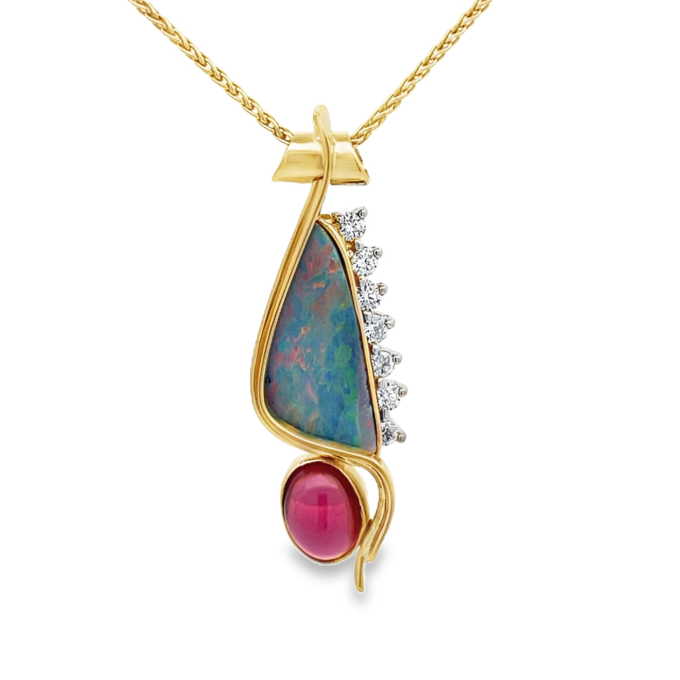 18k Yellow Gold Opal Doublet, Garnet and Diamond Pendant by Paul Richter (19x9mm)