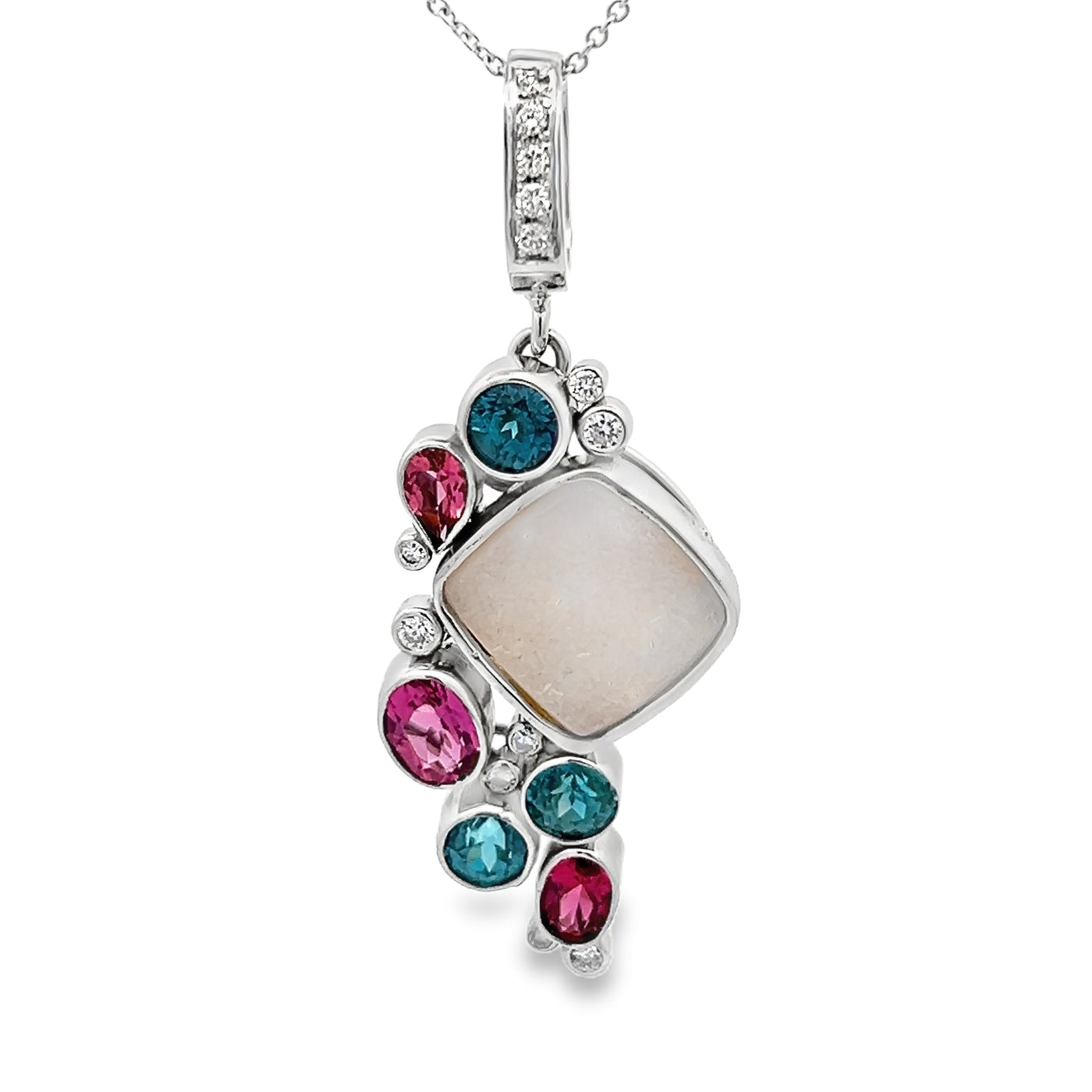 14k White Gold Druzy Quartz Multistone Pendant by Paul Richter (15mm)