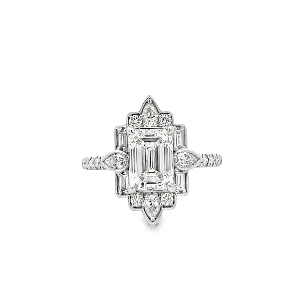 14k White Gold Emerald Cut Lab Grown and Natural Diamond Art Deco Halo Engagement Ring (1.76ct.)