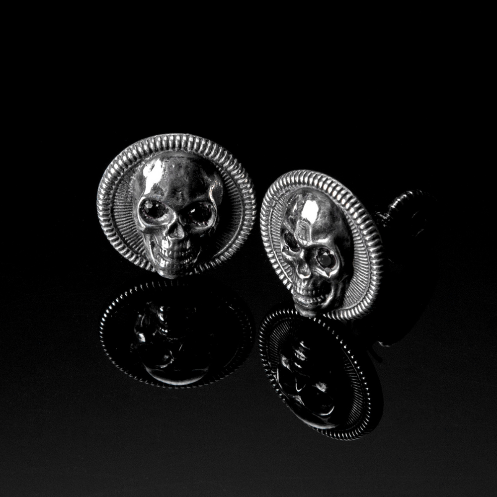 Men's Sterling Silver Round Black Diamond Skull Cufflinks by William Henry Studio