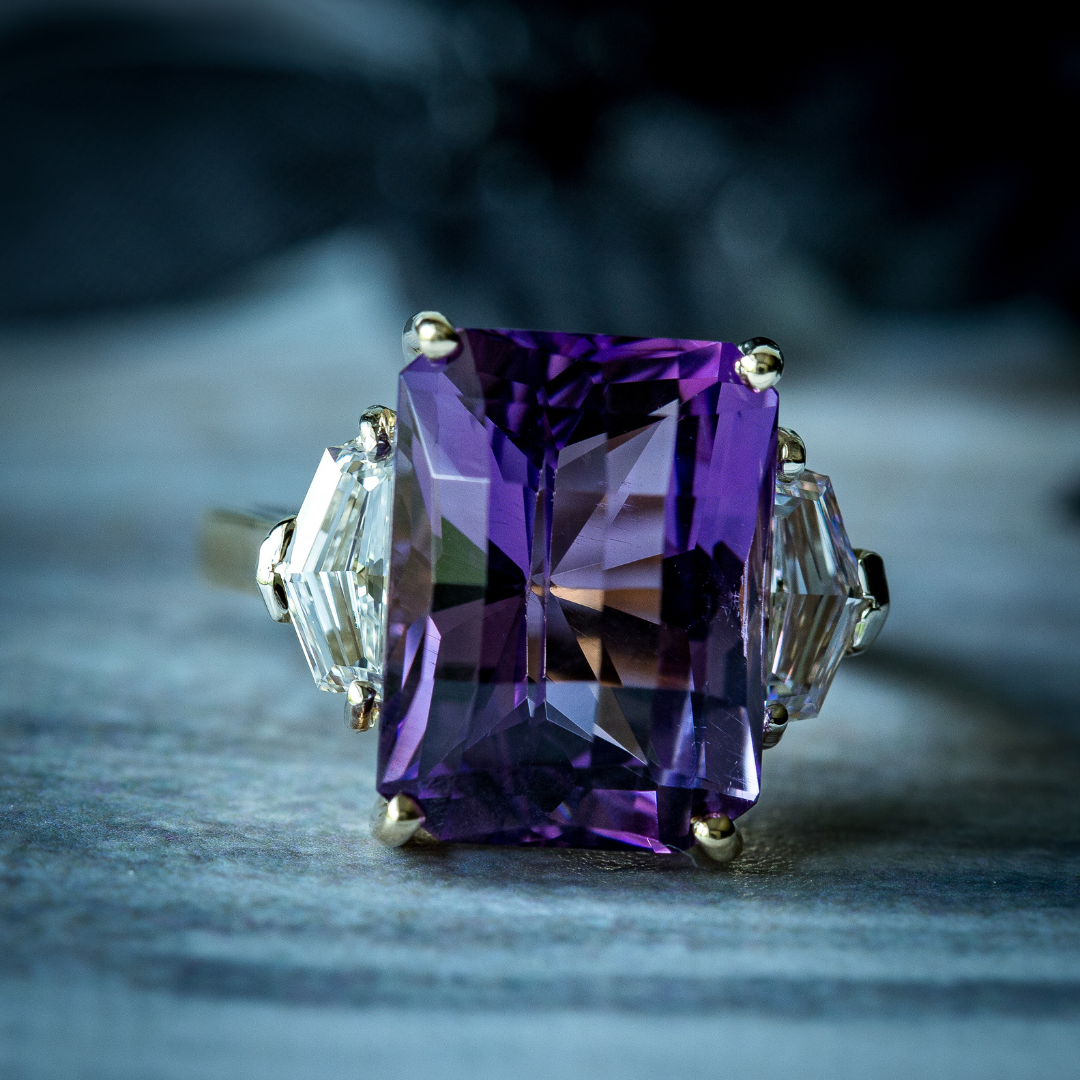 Custom 14k Yellow Gold Amethyst and Diamond Ring by Paul Richter