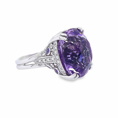 Custom 14k White Gold Cushion Amethyst, Purple Sapphire and Diamond Ring by Paul Richter