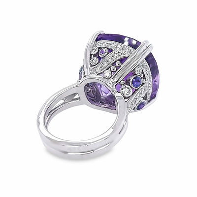 Custom 14k White Gold Cushion Amethyst, Purple Sapphire and Diamond Ring by Paul Richter