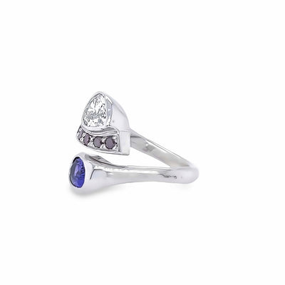 Custom 14k White Gold Pear Shape Diamond and Purple Sapphire Ring by Paul Richter
