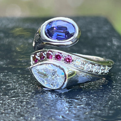 Custom 14k White Gold Pear Shape Diamond and Purple Sapphire Ring by Paul Richter