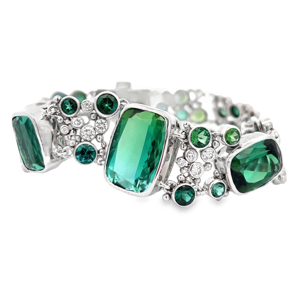 Custom 14k White Gold Green Tourmaline and Diamond Bracelet by Paul Richter