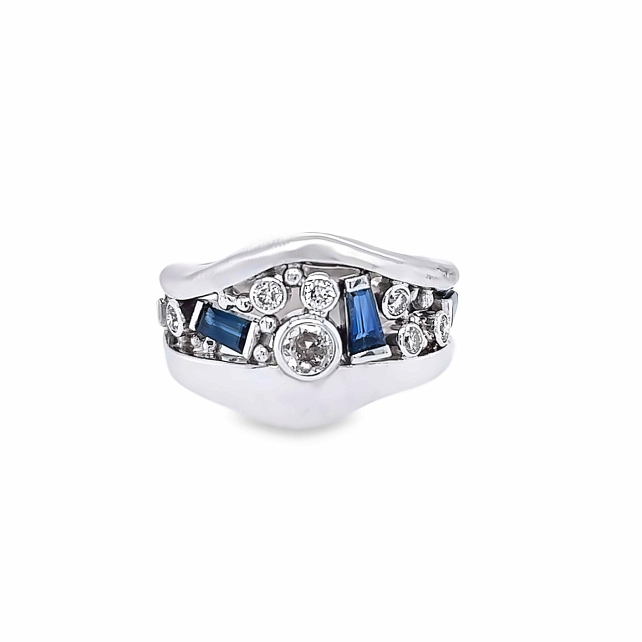 Custom 14k White Gold Round Diamond and Sapphire River Ring by Paul Richter