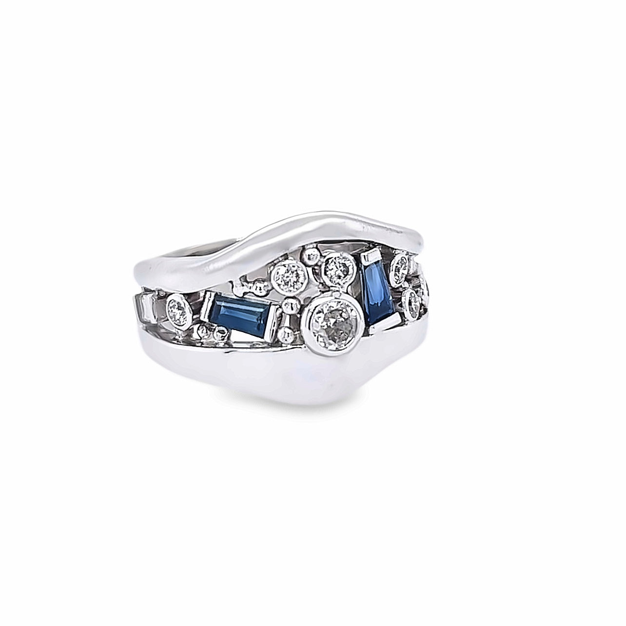 Custom 14k White Gold Round Diamond and Sapphire River Ring by Paul Richter