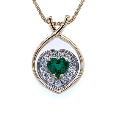 Custom 14k Yellow  and White Gold Heart Emerald and Diamond Halo Pendant by Paul Richter