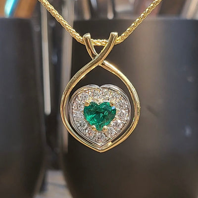 Custom 14k Yellow  and White Gold Heart Emerald and Diamond Halo Pendant by Paul Richter