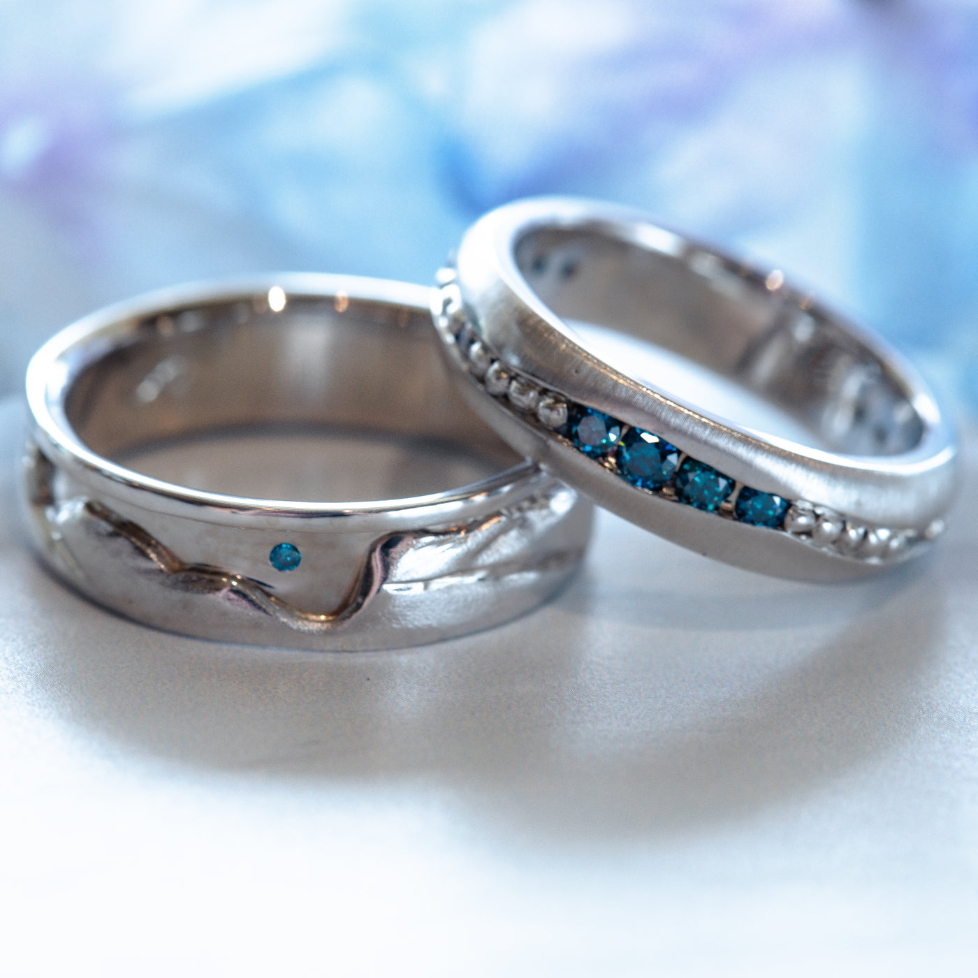 Custom 14k White Gold Blue Diamond Wedding Band by Paul Richter