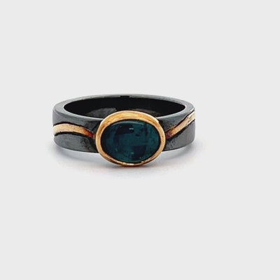 Oxidized Sterling Silver and 18k Yellow Gold Blue Tourmaline Pathways Ring by Paul Richter (1.57ct.)