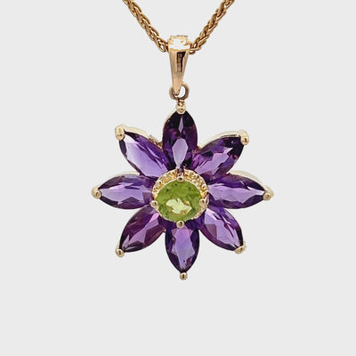 14k Yellow Gold Marquise Cut Amethyst and Round Peridot Flower Pendant (2.10ctw.)