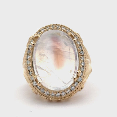 14k Yellow Gold Oval Cabochon Moonstone and Diamond Halo Ring (15.81ct.)