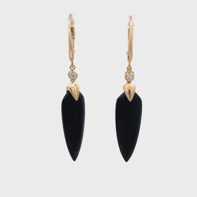 14k Yellow Gold Shield Matte Black Onyx and Round Diamond Drop Earrings (0.06ctw.)