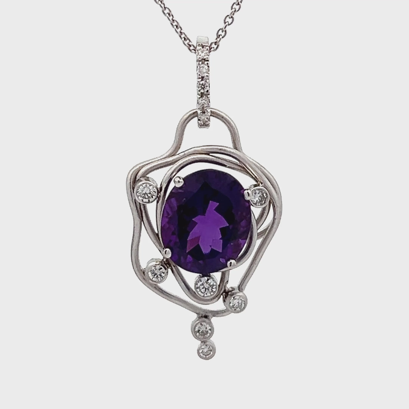 14k White Gold Oval Amethyst and Round Diamond Vines Pendant by Paul Richter (4.67ct.)