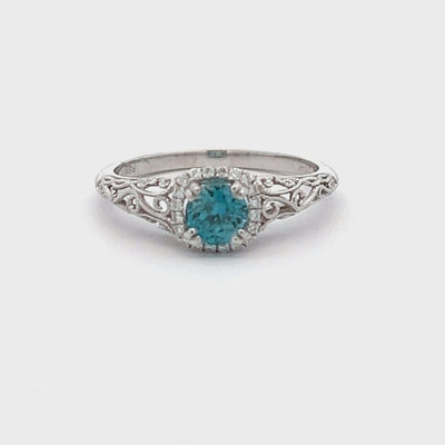 14k White Gold Round Blue Zircon and Diamond Vintage Inspired Halo Ring (0.87ct.)