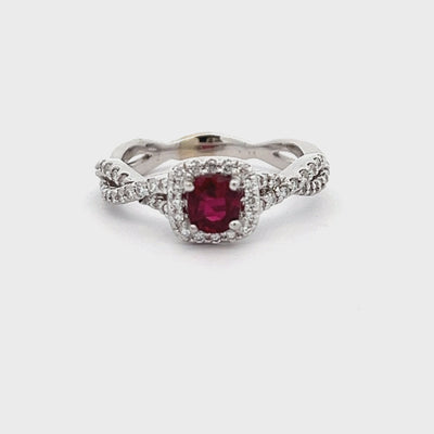14k White Gold Cushion Ruby and Round Diamond Twist Halo Ring (0.65ct.)