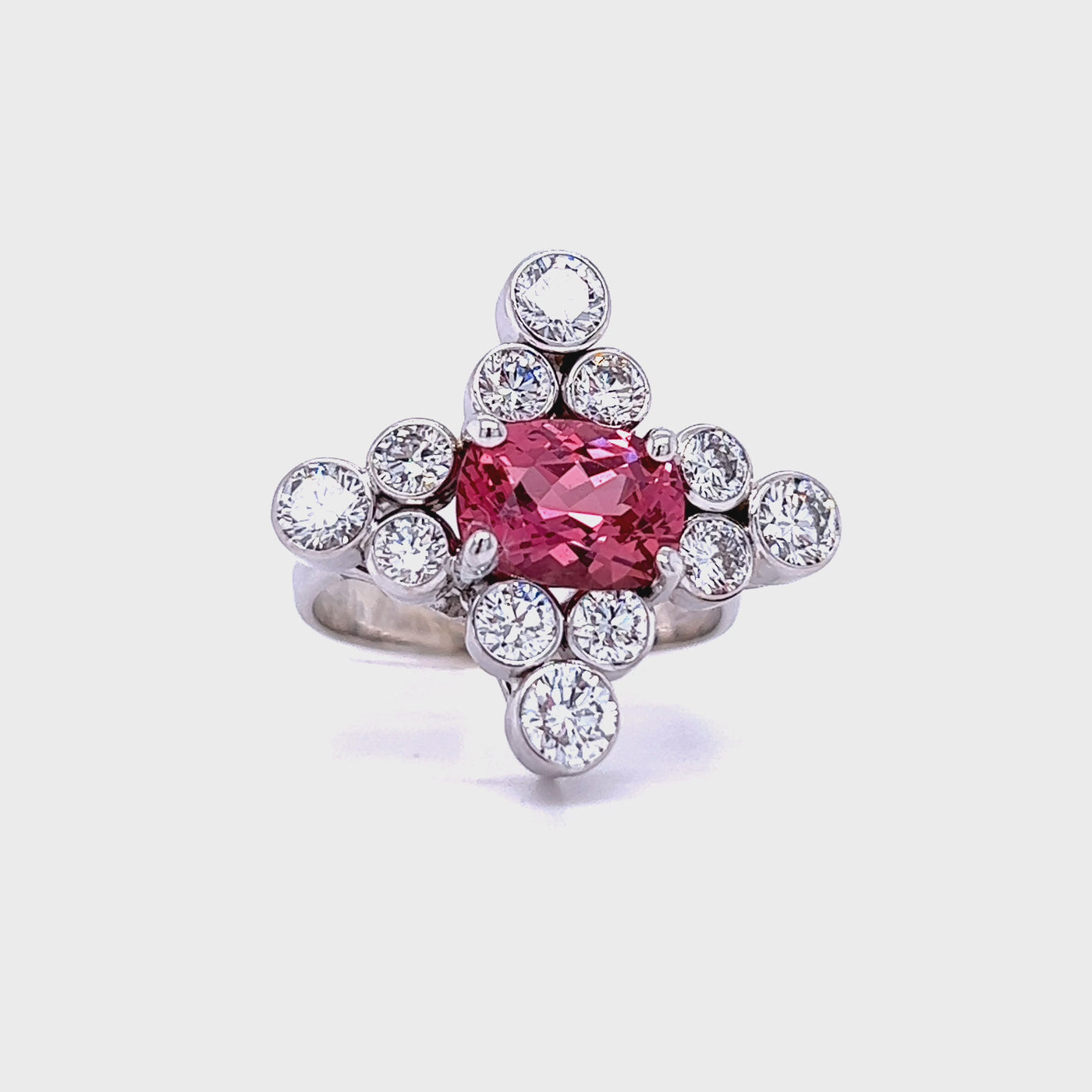 Custom 14k White Gold Oval Padparadscha Sapphire and Diamond Ring by Paul Richter