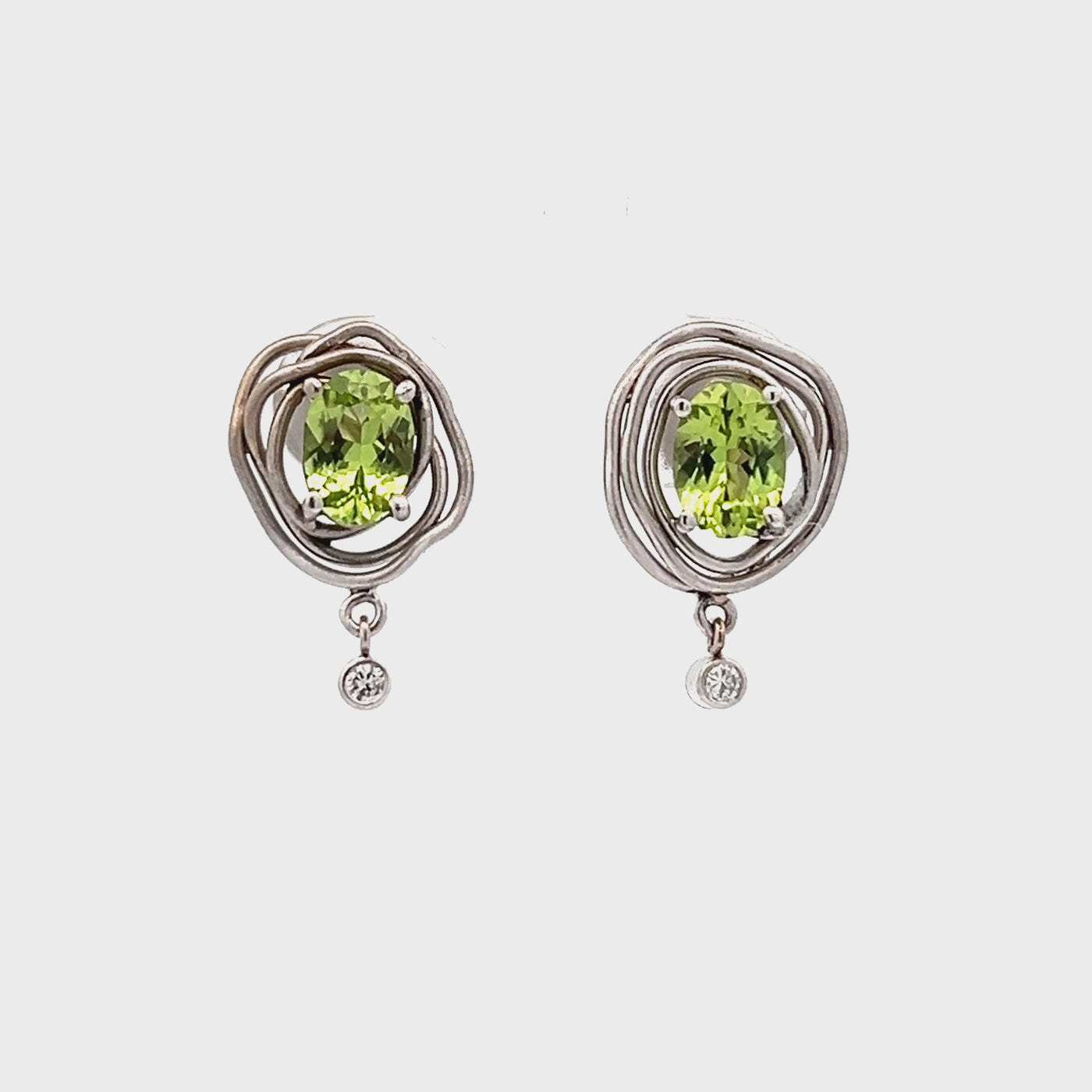 14k White Gold Oval Peridot and Diamond Vines Earrings by Paul Richter (1.56ctw.)