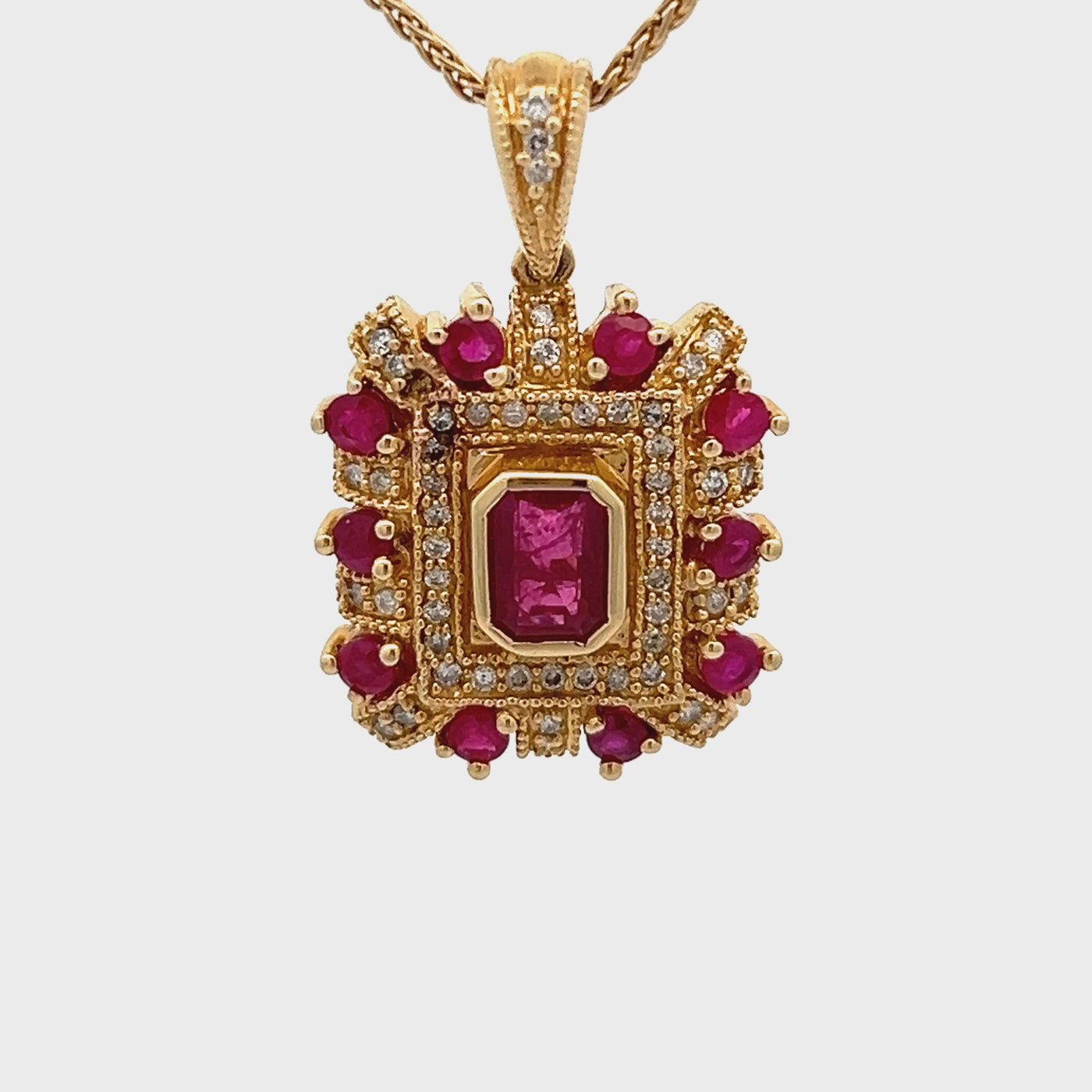 Estate 14k Yellow Gold Round Ruby and Diamond Vintage Inspired Pendant (1.70ctw.)