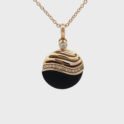 14k Yellow Gold Wave Matte Black Onyx and Round Diamond Pendant (0.08ctw.)