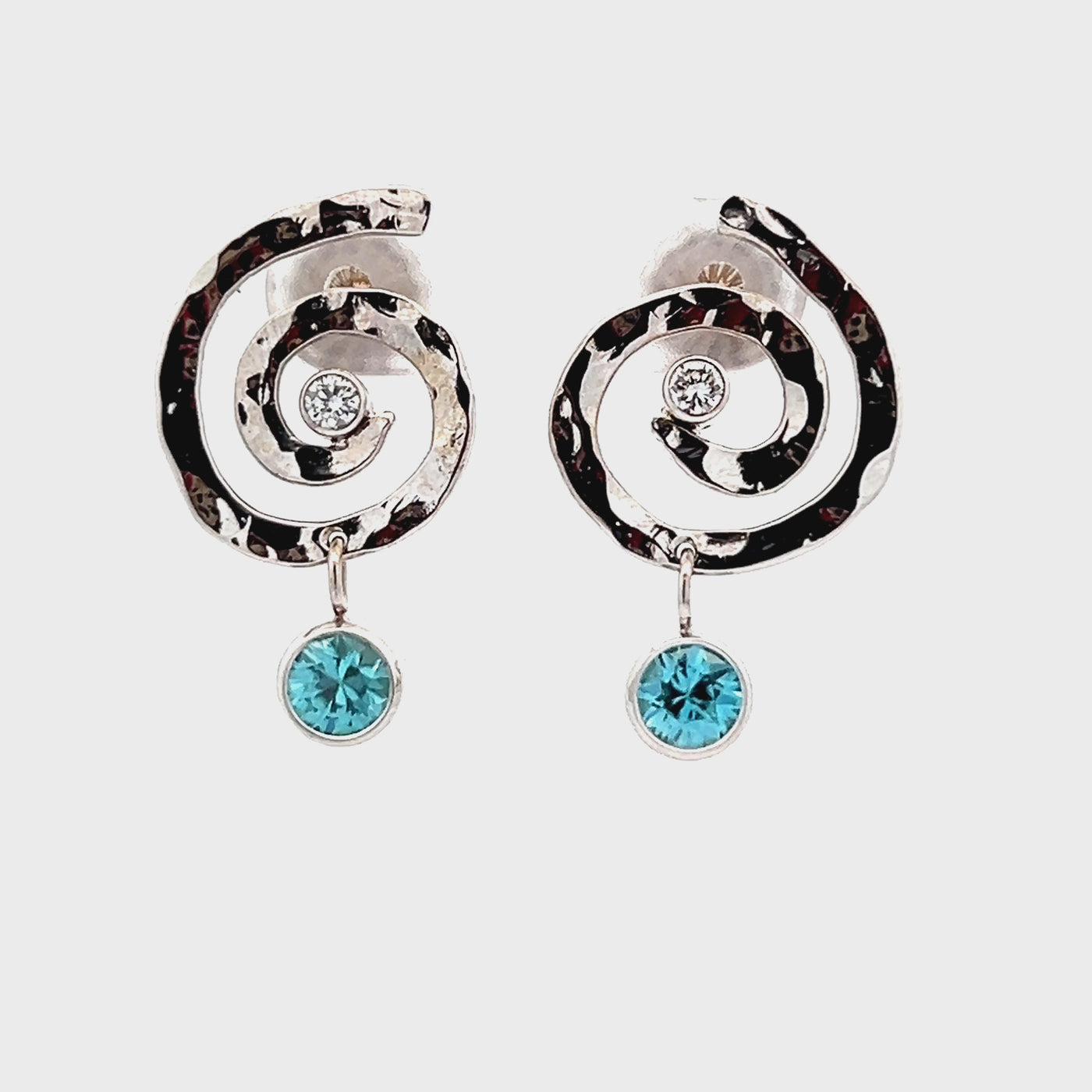 14k White Gold Round Blue Zircon and Diamond Spiral Bezel Set Earrings by Paul Richter (1.58ctw.)