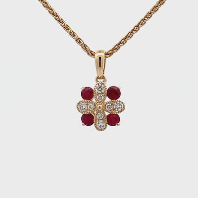 14k Yellow Gold Round Ruby and Diamond Flower Pendant (0.30ctw)