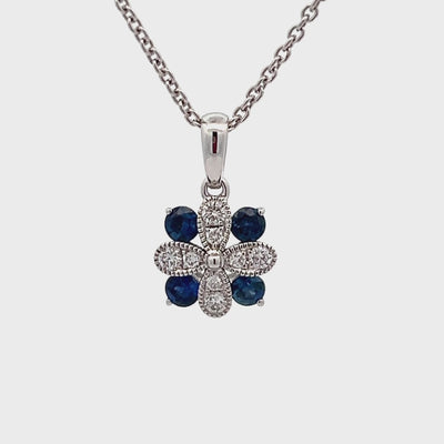 14k White Gold Round Sapphire and Diamond Flower Pendant (0.32ctw.)