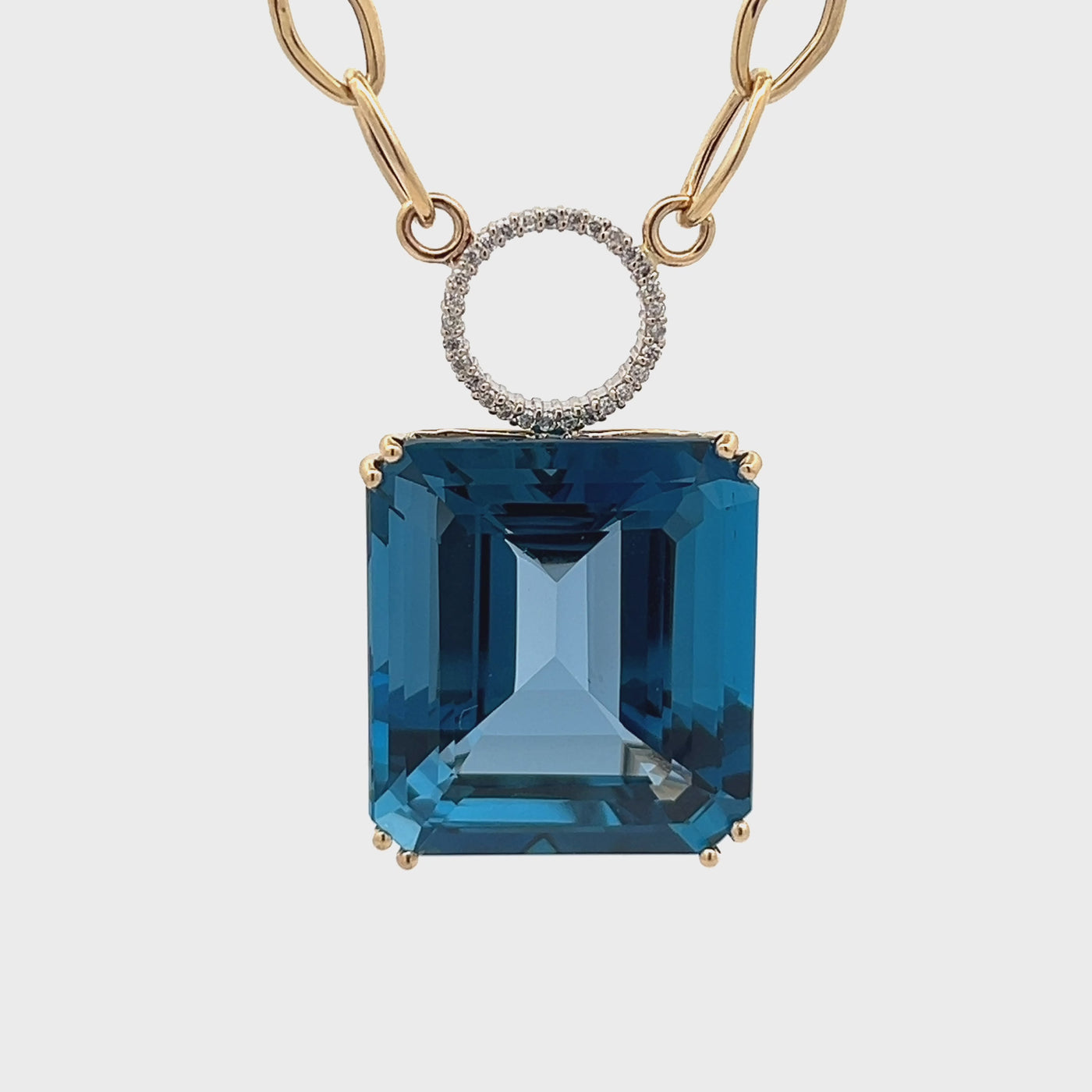 14k Yellow Gold Emerald Cut London Blue Topaz and Diamond Necklace (85.95ct.)