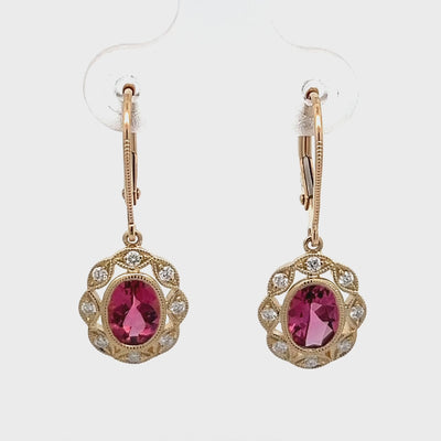 14k Yellow Gold Oval Pink Tourmaline and Round Diamond Halo Drop Earrings (1.44ctw.)