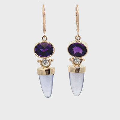 14k Yellow Gold Oval Amethyst and Chalcedony Drop Earrings by Paul Richter