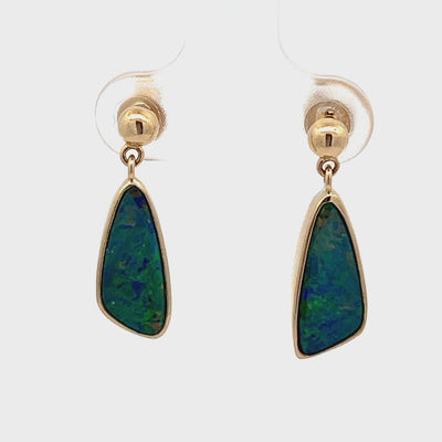 14k Yellow Gold Triangular Opal Doublet Bezel Set Dangle Earrings (3.76ctw.)
